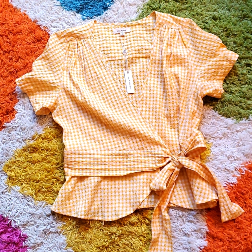 Yellow Gingham print Short Sleeved Wrap Top